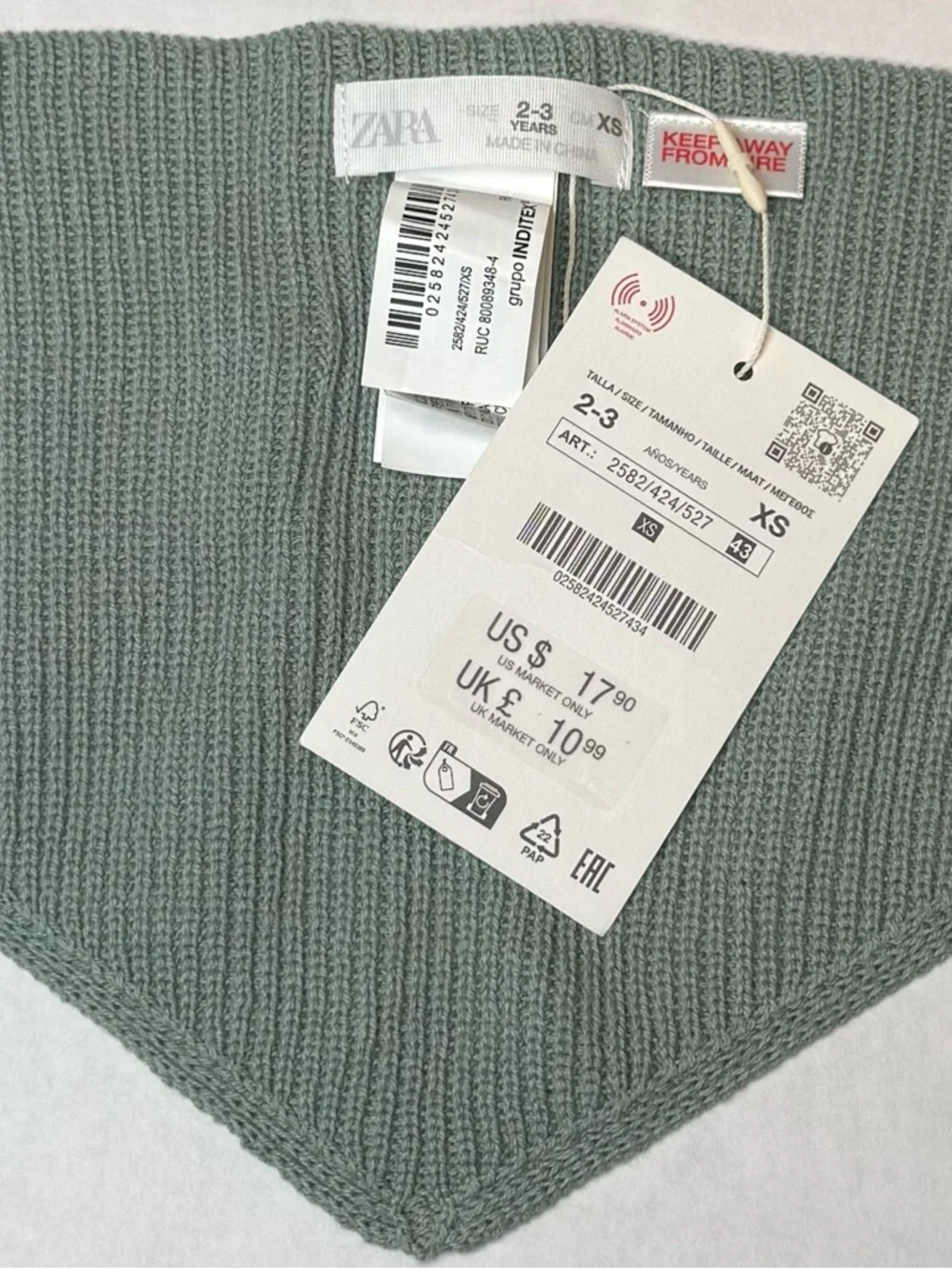 ZARA Knit Tie Neck Scarf Collar Sage Green 2–3 Years XS NWT